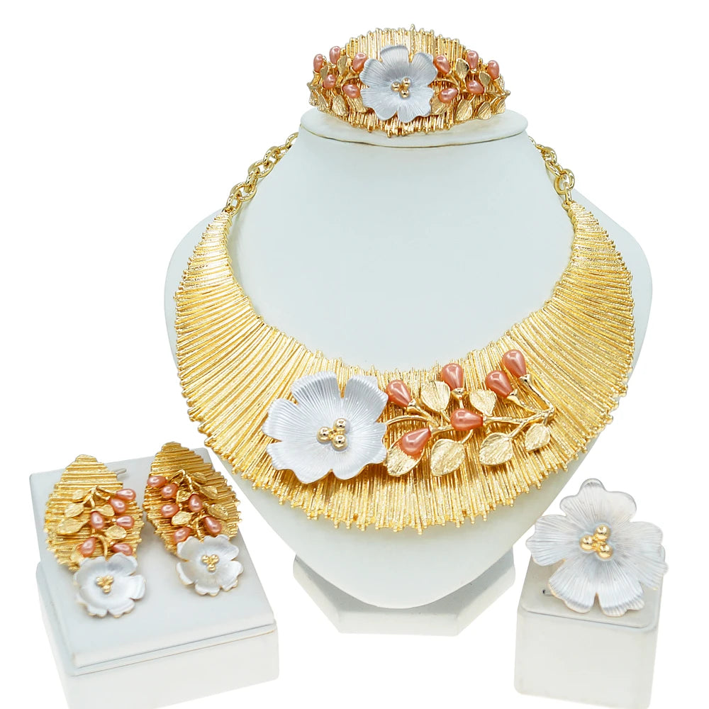 Zhuerrui Women Necklace Earing Bracelet Sets Pink Pearl Africa Nigeria Jewelry Set Italian Gold Plated Non Tarnishing Set H00499