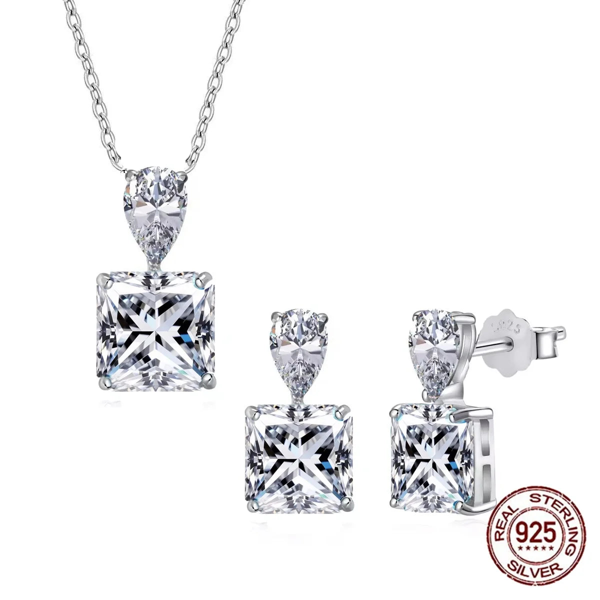 S925 Sterling Silver Sparkly 8A Ice-Flower Cut Cubic Zircon Pendant and Earrings Jewelry Set for Women Gift Daily Wear