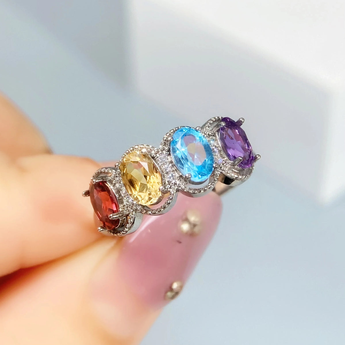 Gioiellieri Real Natural Gemstone Ring with S925 Sterling Silver Multi Color Amethyst Garnet Topaz Peridot Citrine Fine Jewelry for Women