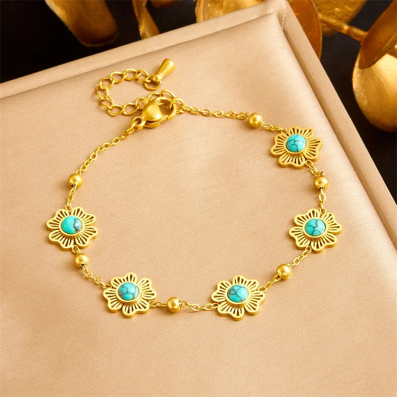 Gold Turquoise Flower Necklace, Earrings & Bracelet Jewellery Set | Boho Luxury Set