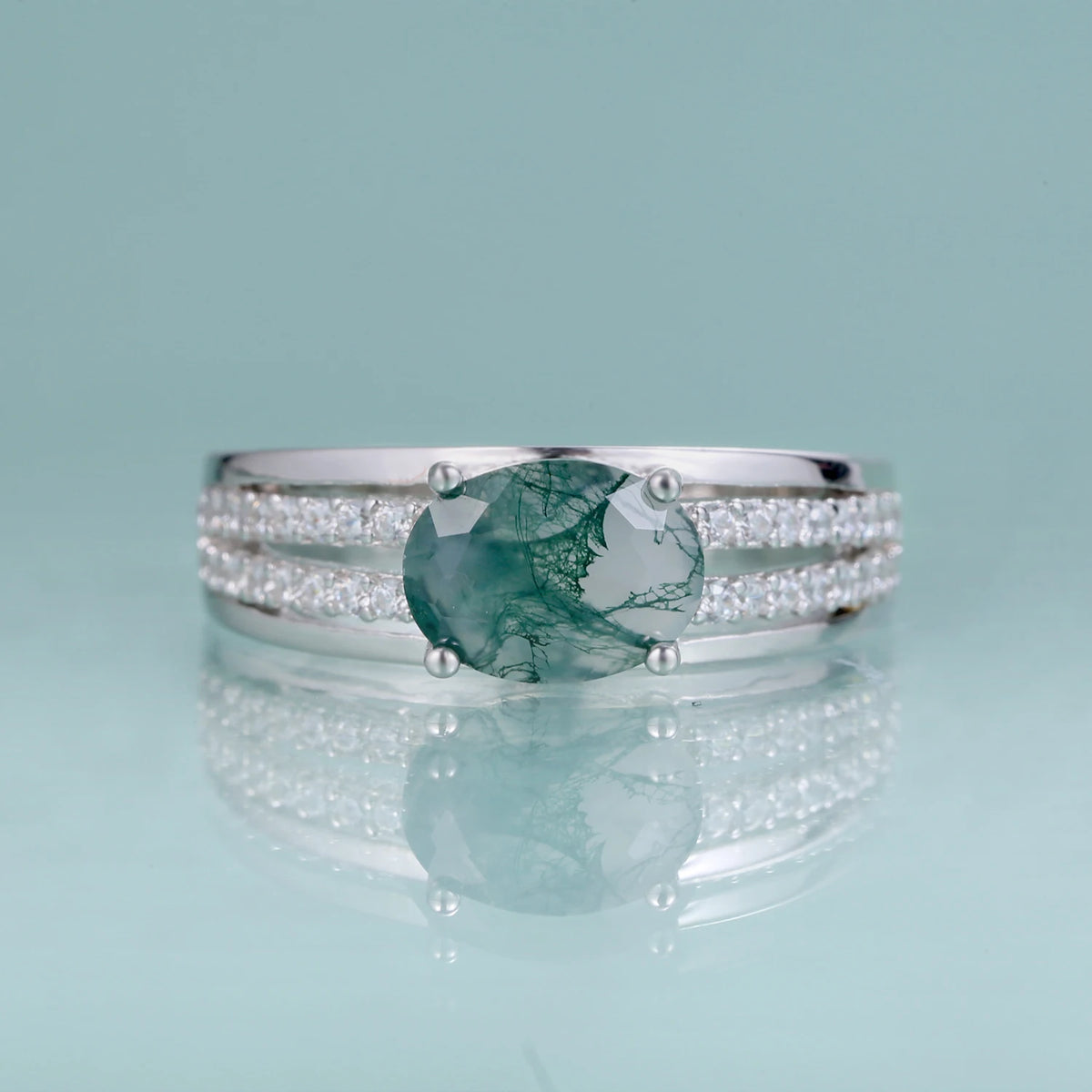 ArtistA Abiding Plated Silver 925 Natural Stone Ring Fancy Cut Natural Inspired Moss Agate Engagement Ring for Anniversary Bridal
