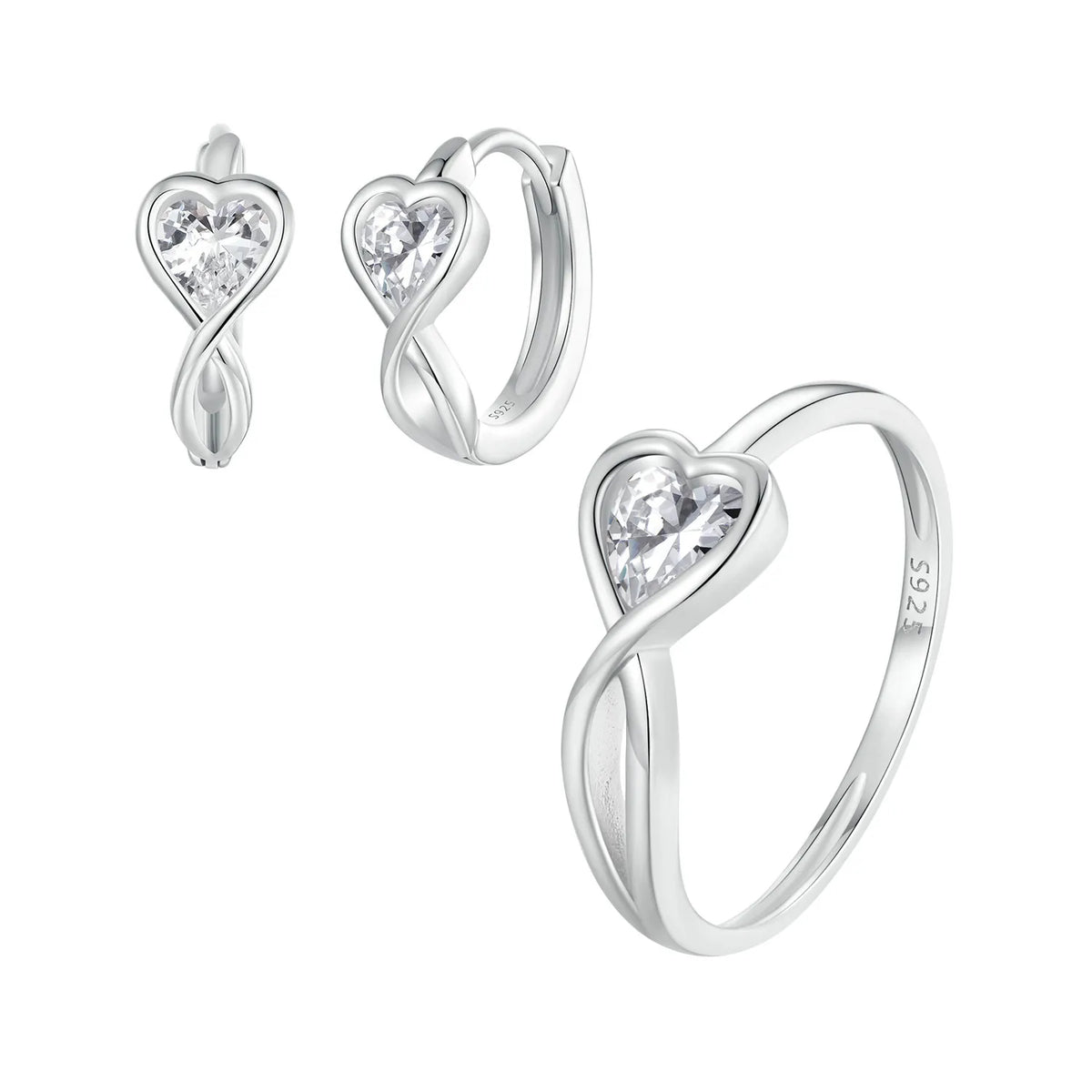 S&S Infinite Love Heart Zirconia Ring & Stud Earrings Set | 925 Silver Platinum Plated | Romantic | S&S Collection