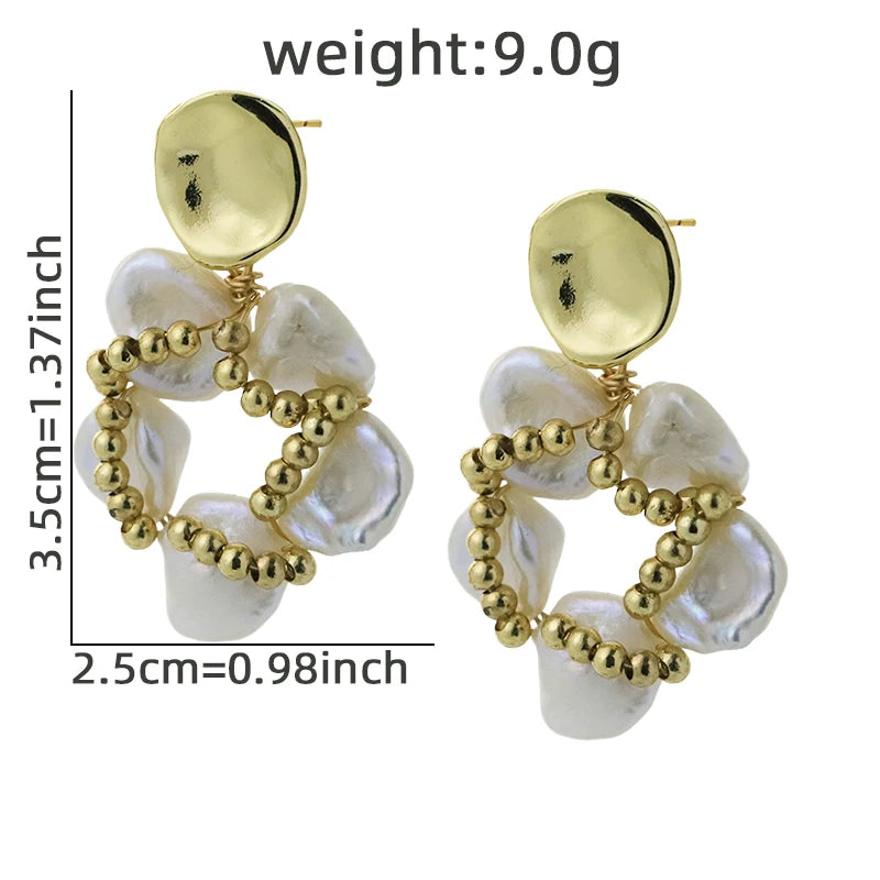 Baroque Natural Pearl Copper Bead Flower Pendant Earrings 18k Gold Plated Luxurious Earrings for Banquet Wedding Wife GE1815
