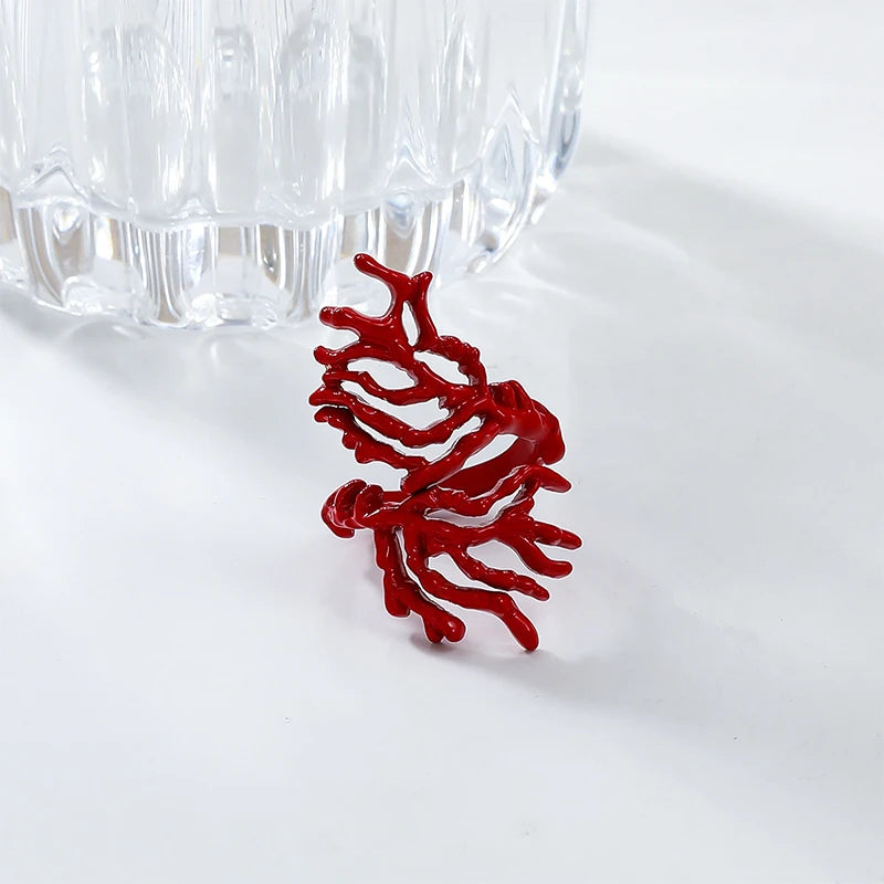 Red Coral Branch Alloy Jewelry Set, Adjustable Bangle & Ring, Bold Hip-hop Statement Pieces for Summer & Beach Parties