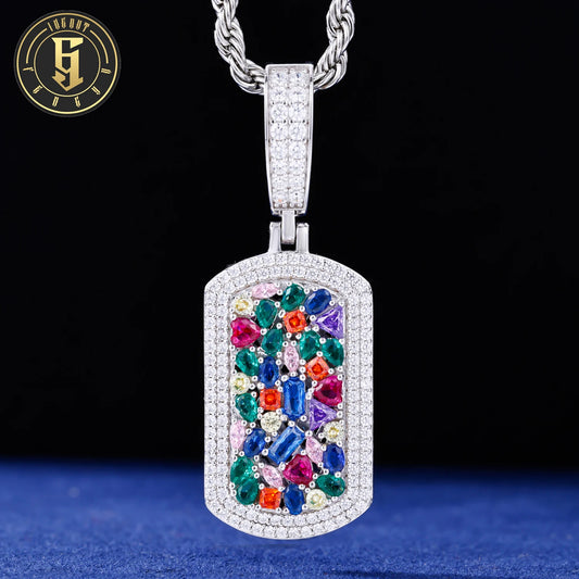 Handmade Hip Hop Jewelry Mens White Gold Plated Brass AAAAA CZ Diamond Multi Color Gemstone Rectangle Dog Tag Pendant