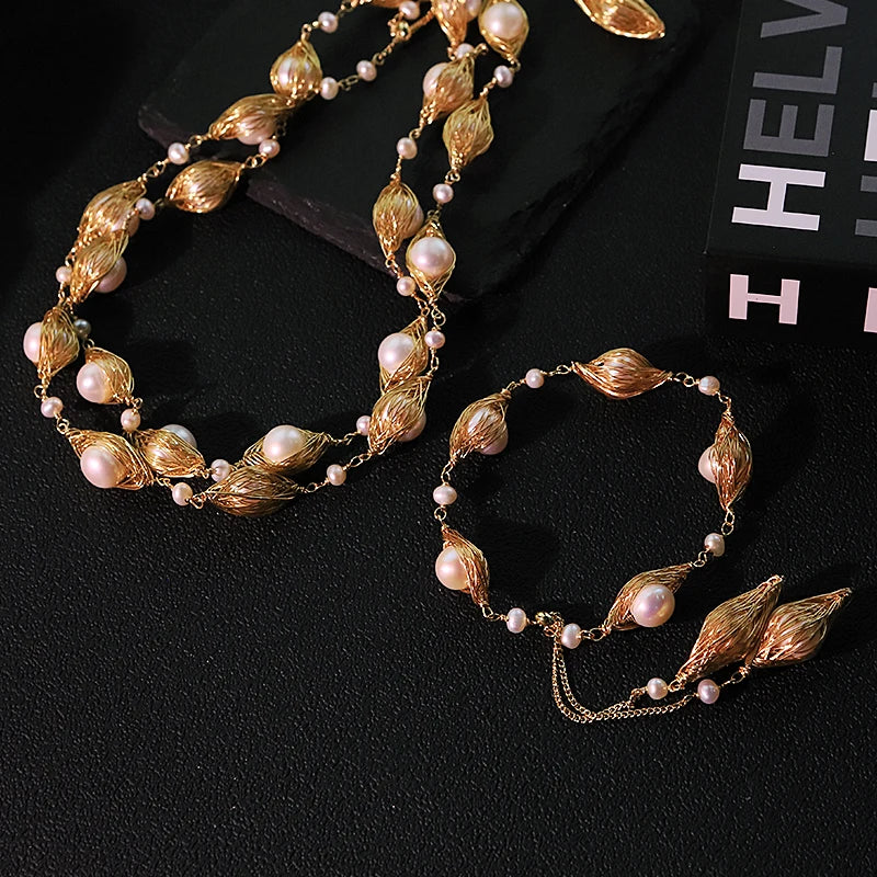 Double Layer Oval Natural Pearl Pull-Out Bracelet Necklace Set Handmade Adjustable Necklace Gift for Wife Women Jewelry GS0211