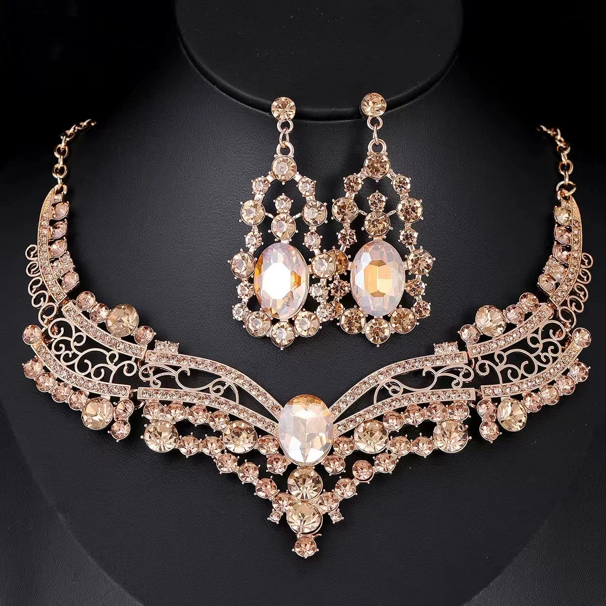 XM S370 Rose Gold Plated Princess Cut Zircon Floral Statement Necklace & Earrings Bridal Set