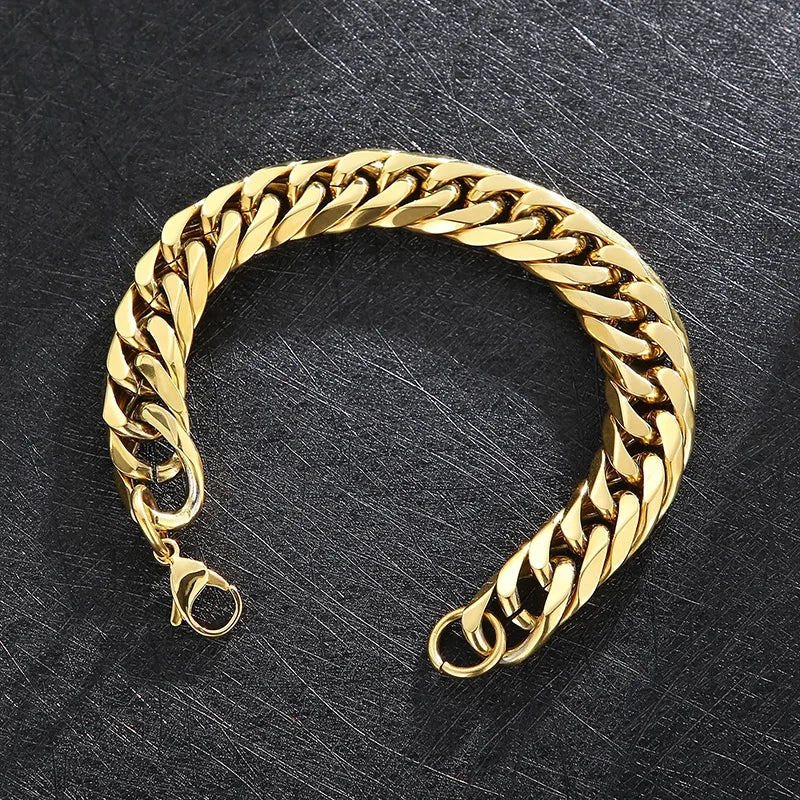 REBEL Hip-pop Gold-Plated Stainless Steel Cuban Link Jewelry Set With 65cm Necklace&23cm Bracelet