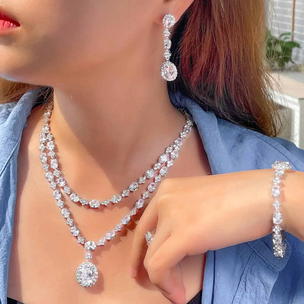 Elegant Bling White Cubic Zircon Crystal Round Two Layered Necklace 4 Piece Luxury Arabic Bridal Wedding Jewelry Sets for Women