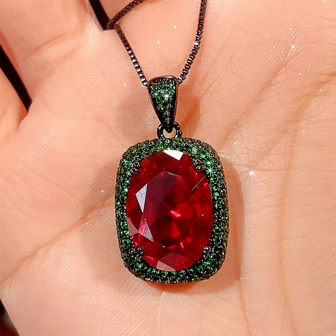 S&S Black Gold Red Corundum Zircon Jewellery Set – Pendant, Ring & Earrings – Collection