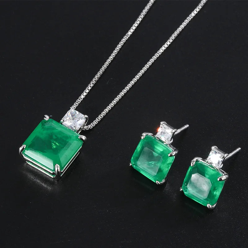 Fashion Eco-friendly Copper Minimalist Square Green Zircon Pendant Earrings Set Elegant Brass Jewelry Sets for Refined Everyday