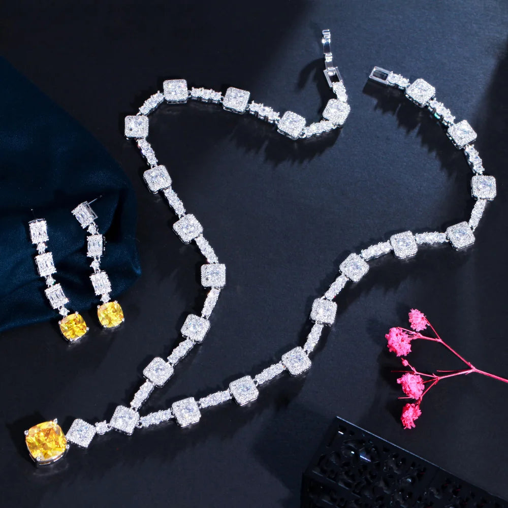 Classic Square Cut Yellow Cubic Zirconia Stone Wedding Necklace Earrings Dubai Nigerian CZ Bridal Jewelry Sets