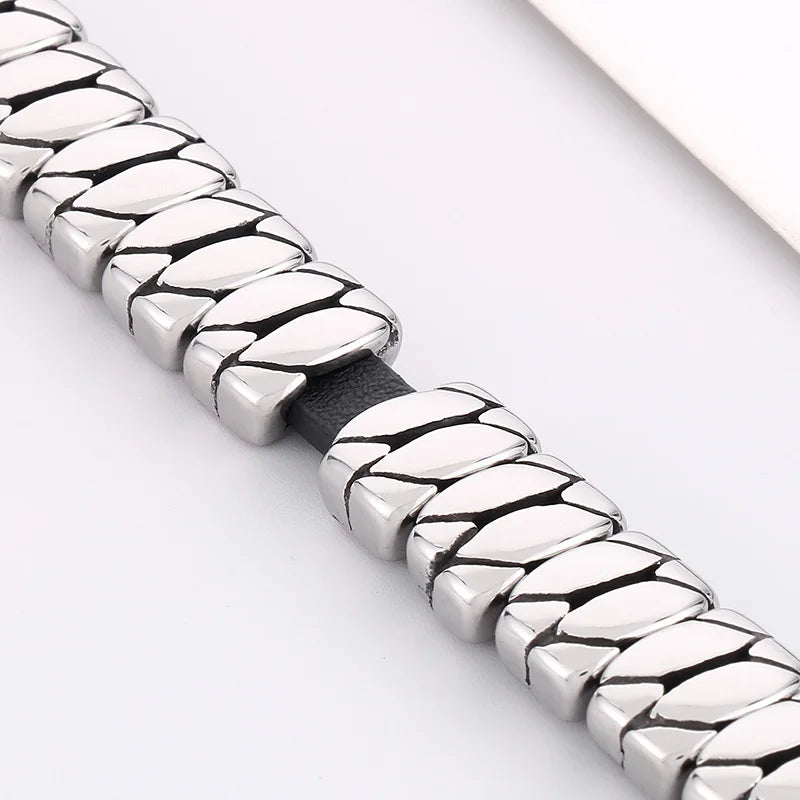 REBEL 225mm Fashion Leather&Stainless Steel Snake Scale Links Bracelet Bangle