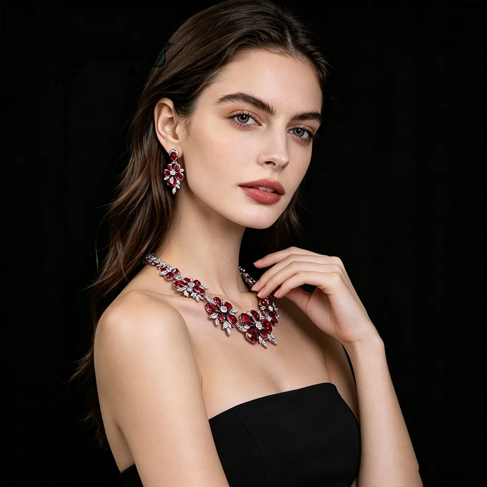 XM S307 Brass Silver Plated Red Zircon Floral Statement Necklace and Drop Earrings Jewelry Set for Women Wedding