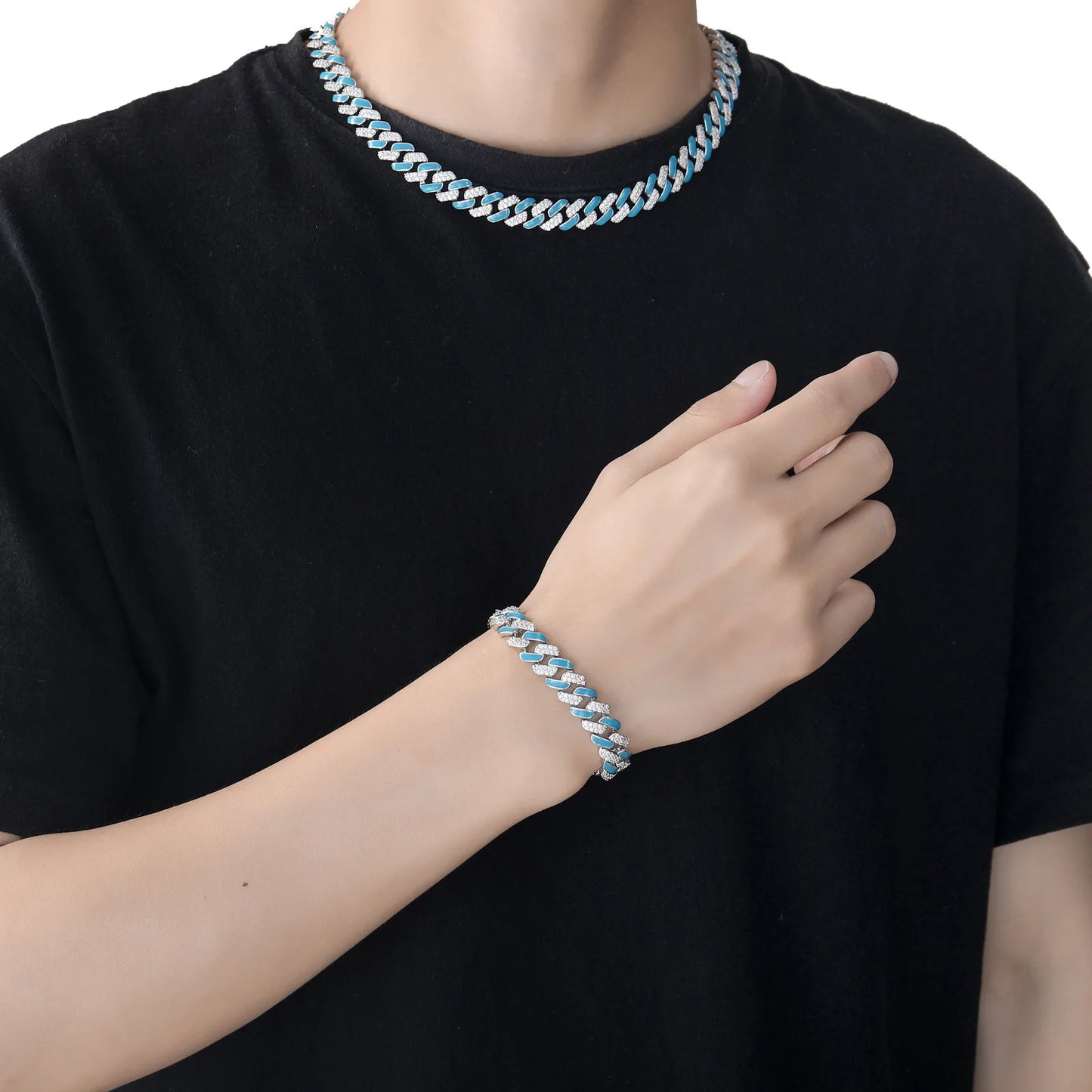 Trendy Hip Hop Jewelry 12mm Wide Bling CZ Iced Out Blue Enamel Strips Cuban Link Chain Bracelet for Women and Men