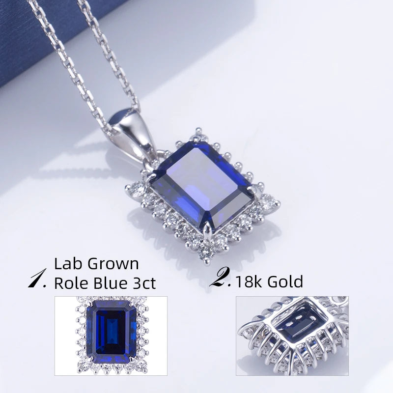 Messi Jewelry  18k White Gold Emerald Cut Royal Blue Lab Grown Sapphire Pendant Necklace