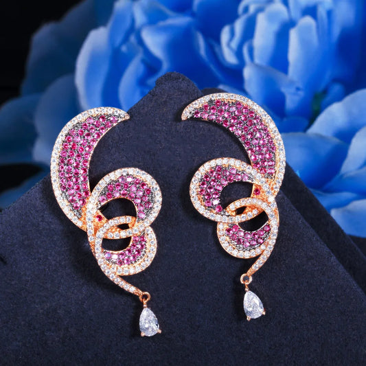 S&S Red CZ Geometric Waterdrop Dangle Drop Earrings – 18K Gold Plated – Collection