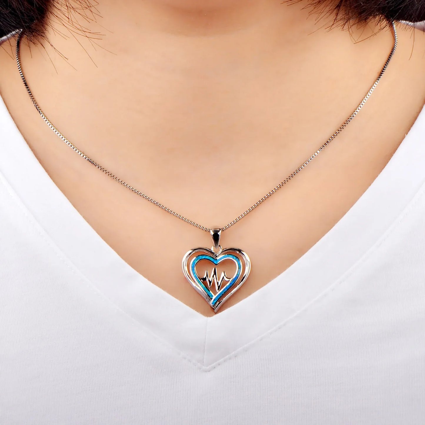 Aobao Copper Blue Opal Heart Silver Plated Link Chain Christian Nurse ECG Pendant Women's Delicate Jewelry Gift Wholesale