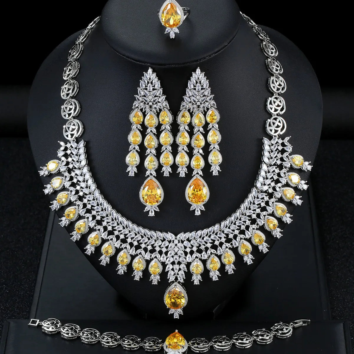 Luxury Dubai Pear-Cut Zirconia Big Tassel Bridal Jewellery Set — Necklace, Earrings, Ring & Bracelet