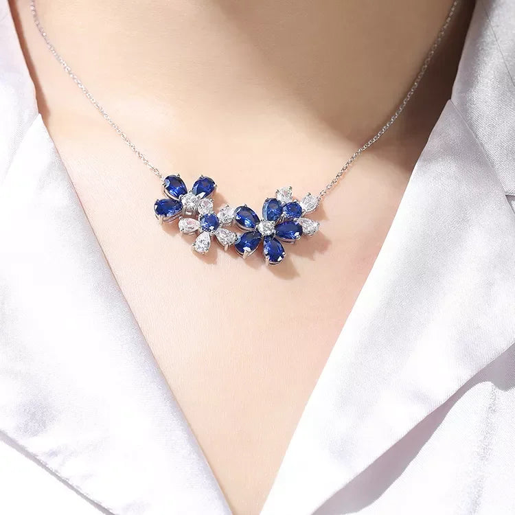 Gemfiori 925 Silver Jewelry Sterling Diamond Flowers Pendant Synthetic Sapphire Necklace for Her Birthday Gift Affordable Trendy
