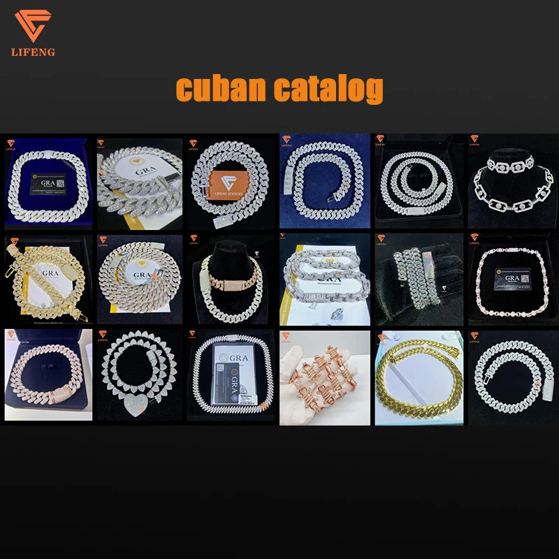 Men's 925 Sterling Silver Hip Hop Cuban Chain Bracelet/Necklace Set White/Rose Gold 925 VVS Moissanite Moissanite Necklaces