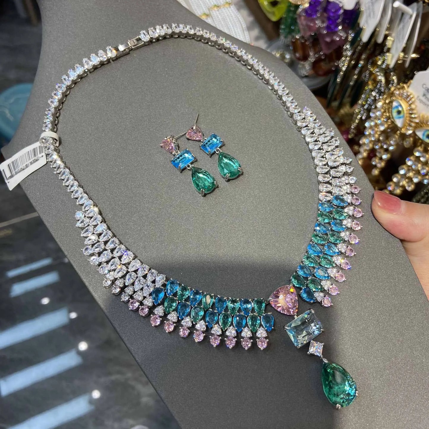 Luxury Bling Colorful Cubic Zirconia Necklace Earring Sets High Quality Dubai Wedding Bridal Jewelry Sets