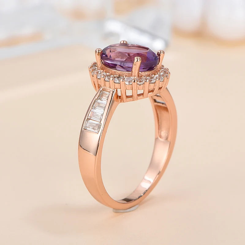 Gioiellieri Natural Amethyst Rhodium Plated 925 Sterling Silver Luxury Oval Cut Prong Setting Third Party Certified Engagement Ring for