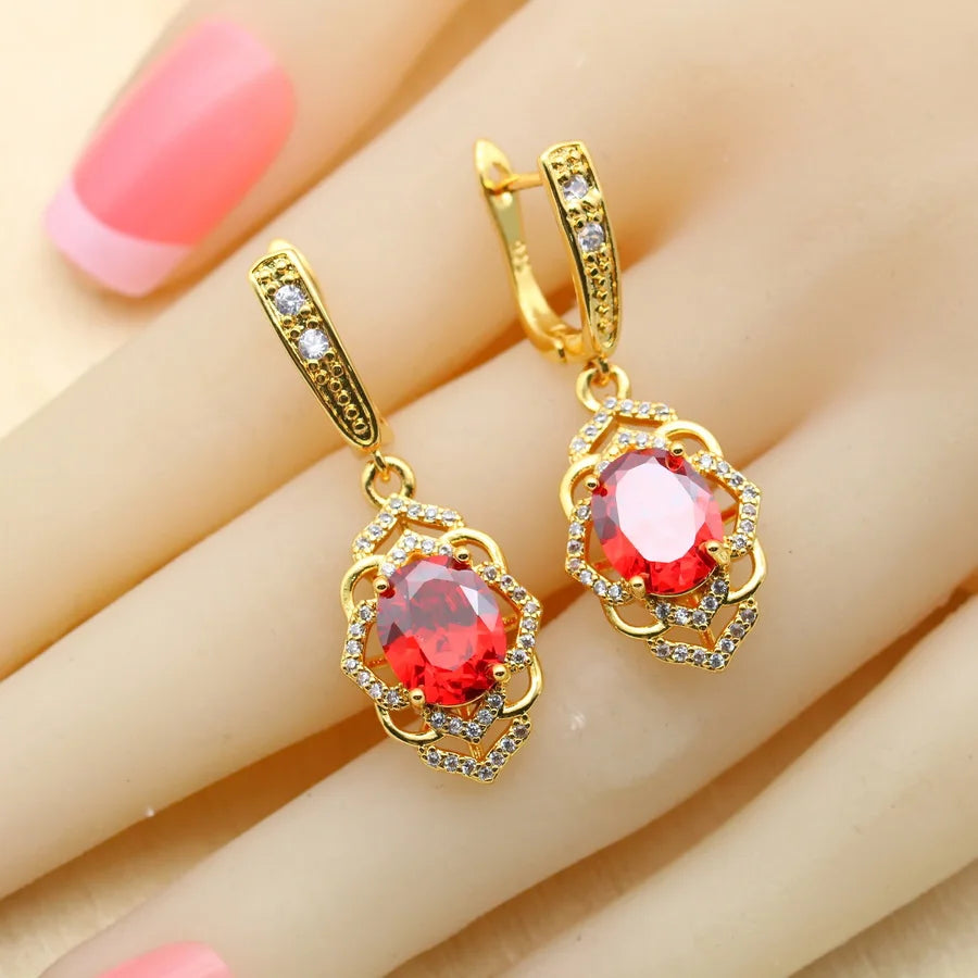 XOTICA 2023 New Red Cubic Zirconia Jewelry Set for Women Earrings Open Ring Pendent Necklace for Wedding or Engagement