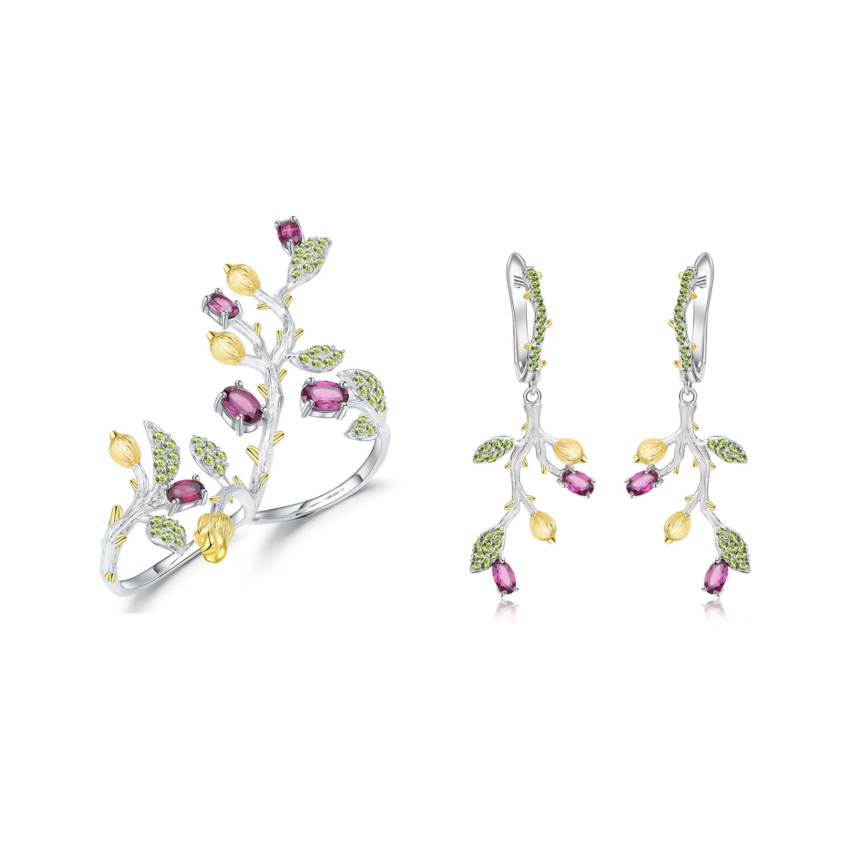 ArtistA Abiding Dainty 925 Silver Natural Rhodolite Garnet Smoky Quartz Amethyst Plant Branch Leaf Earrings Open Double Finger Ring Set
