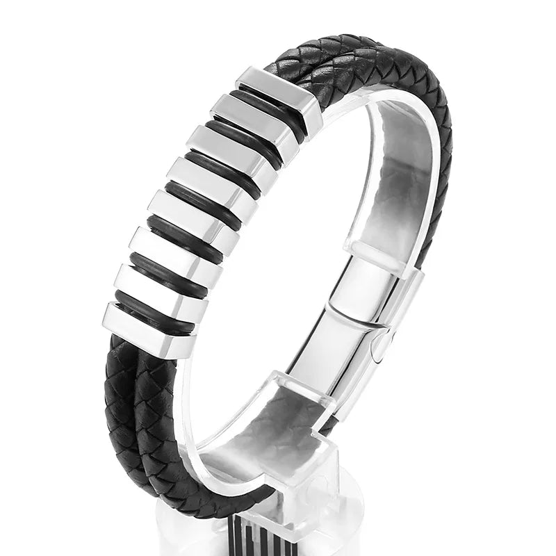 KALEN Unisex 210mm Silver/Gold Color Casual Stainless Steel&Cowhide Link Bracelet