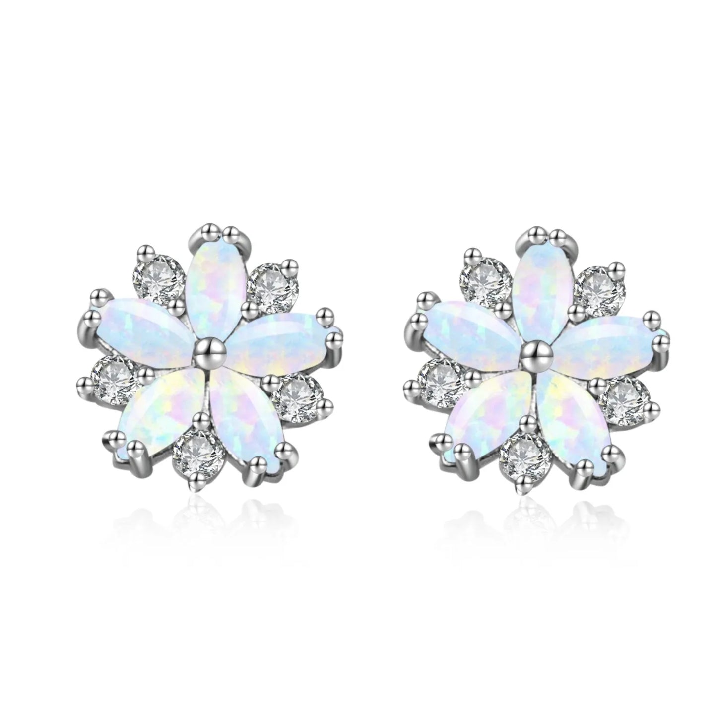 Aobao Women's Christian Bohemian Flower Silver Plated Brass Opal Stud Earrings Gift