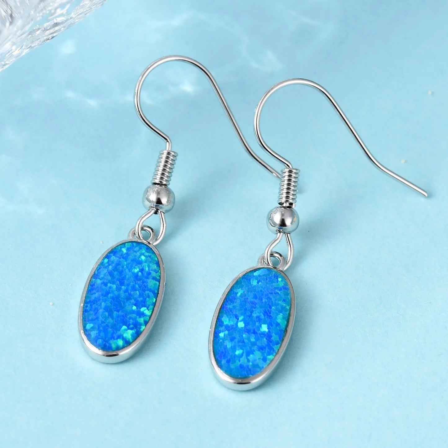 Geometric Opal Drop Earrings - Blue Fire Opal Solitaire & CZ Accent Design | Elegant Formal Jewelry Bulk Gifts
