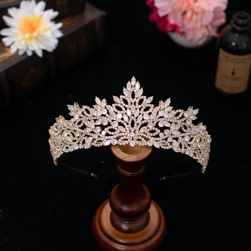 SLBRIDAL Luxury Sparkling Full Cubic Zircon Bridal Tiara Wedding Crown Pageant CZ Hair Accessories Women Girl Party Hair Jewelry
