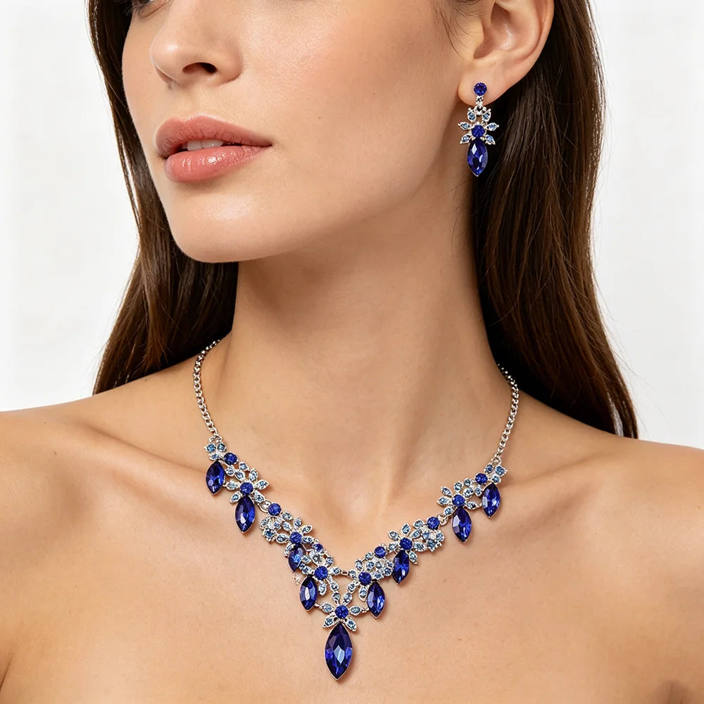 XM S383 Silver Plated Marquise Cut Zircon Floral Teardrop Necklace & Drop Earrings Set