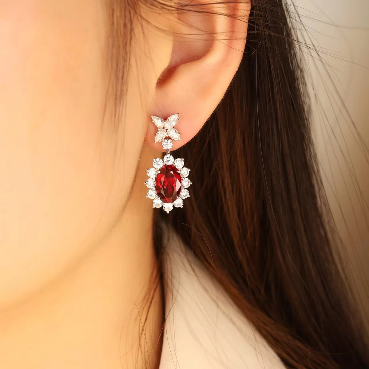 Gemfiori Anster S925 Silver Lab-Grown DiamondRuby Trendy Drop Earrings for Wedding & Party