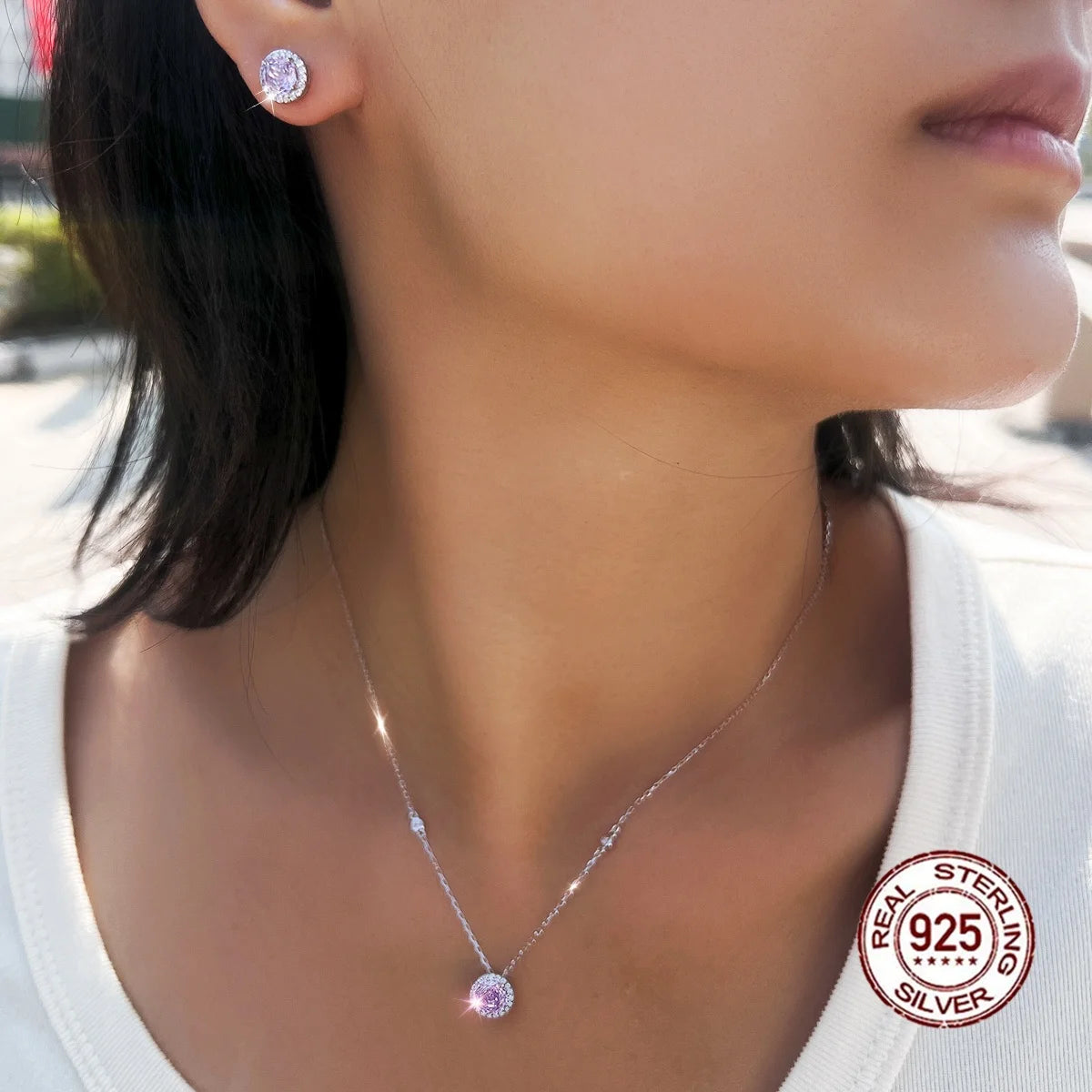 S925 Solid Silver Charming Rose Flower CZ Purple Round Pendant Necklace and Earring Jewelry Set for Ladies Fine Jewelry