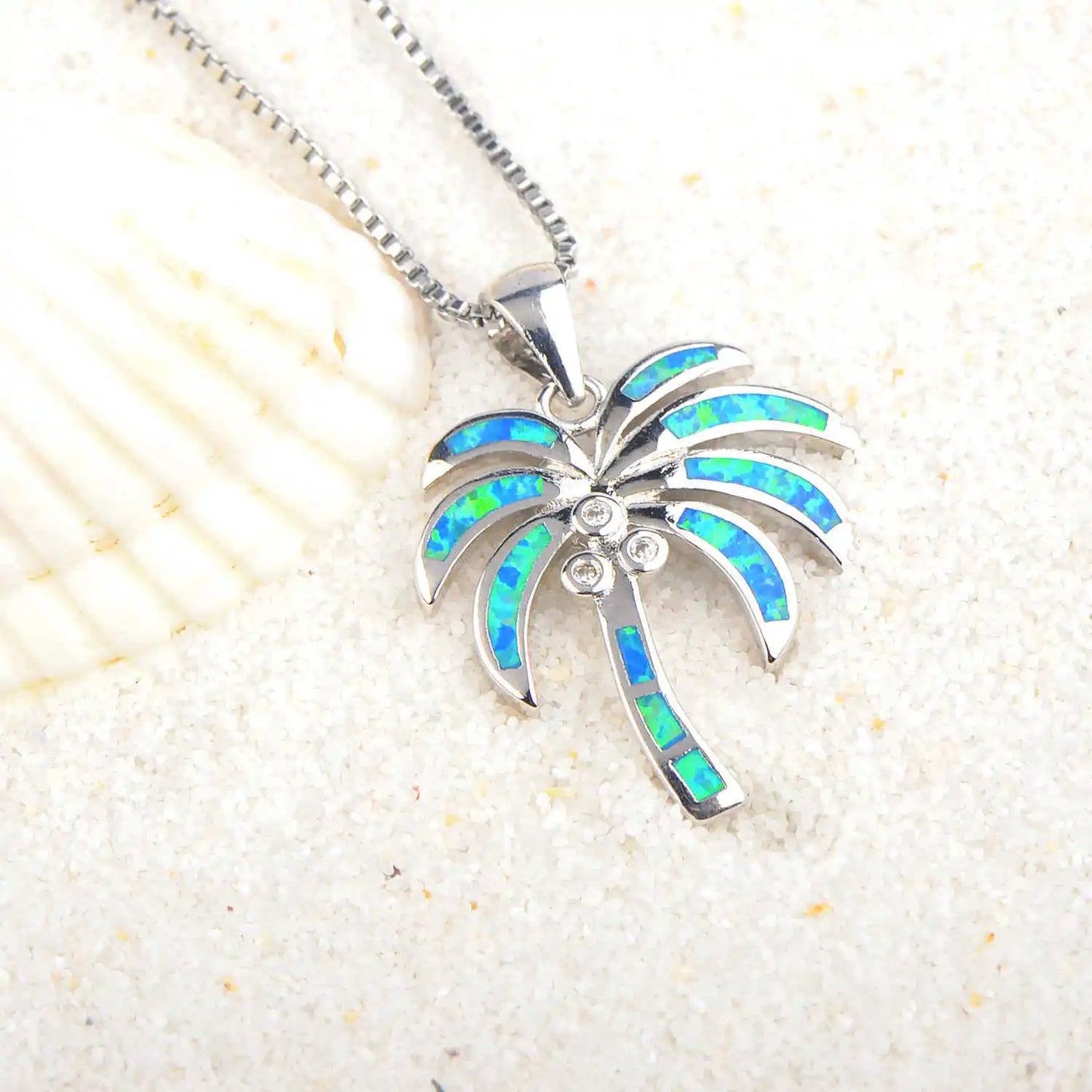 Aobao Christian Copper Opal Plant Palm Tree Collar Lariat Necklace Women's Hawaiian Style Silver Plated Blue Coconut Tree