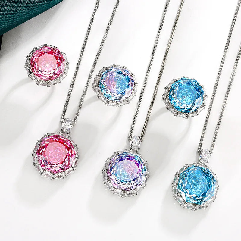 Gemfiori Light Luxury New Style Jewelry Gold Plated Madam Rose Light Luxury Pendant Necklace Ring Set 18-16m Wedding Jewelry