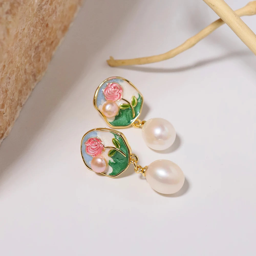 Natural Freshwater Pearl Rose Vintage Earrings Korean Style Women Luxury Jewelry Fashion Ladies and Girls Gift GE1568