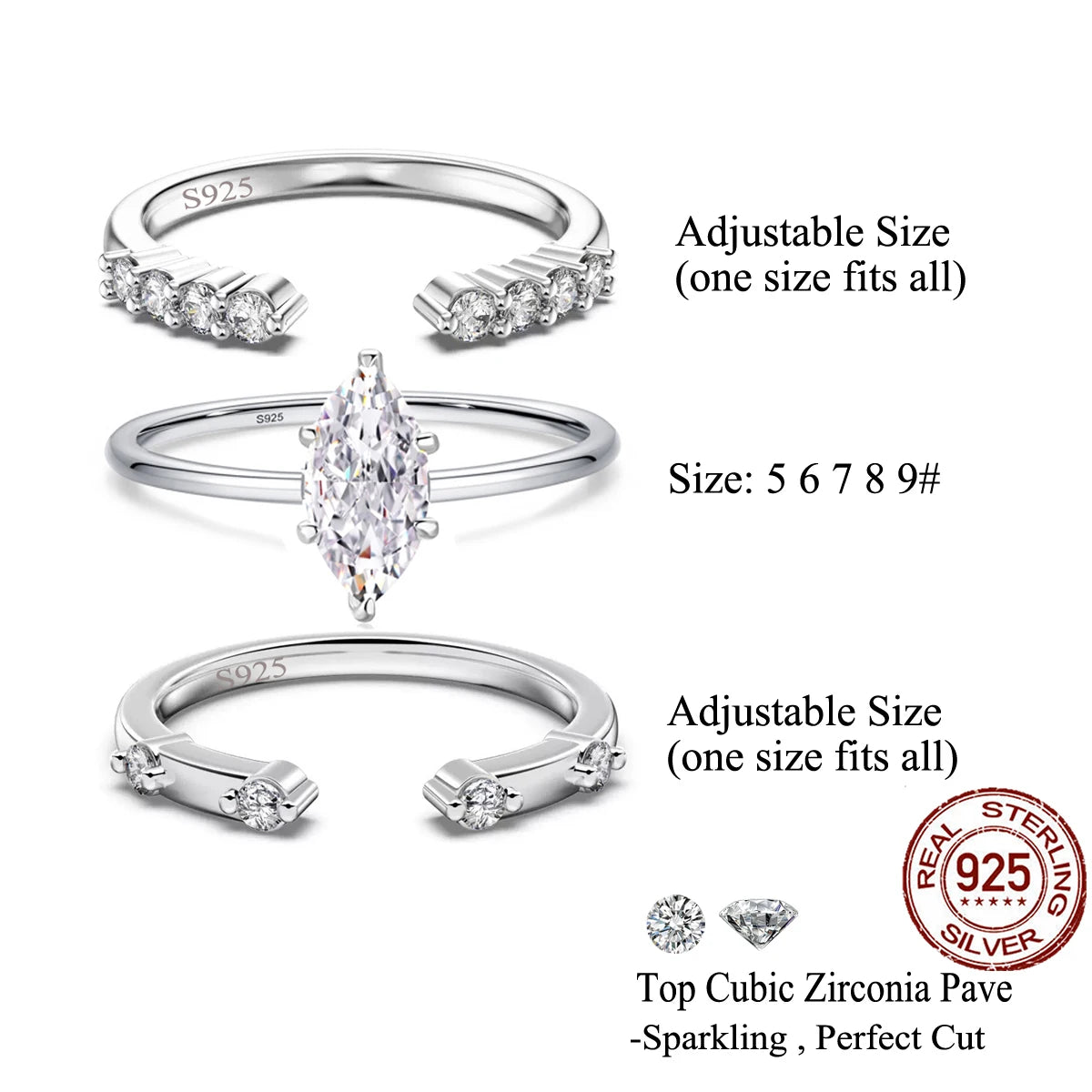 S&S 925 Sterling Silver CZ Stackable Ring Collection – Adjustable & Sized – Collection