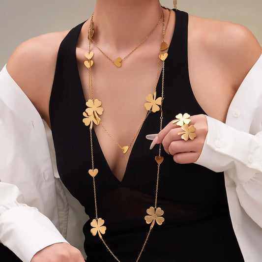 Lucky Four-Leaf Clover Sweater Chain Necklace, Earrings & Ring | Gold Plated Stainless Steel Jewellery Set