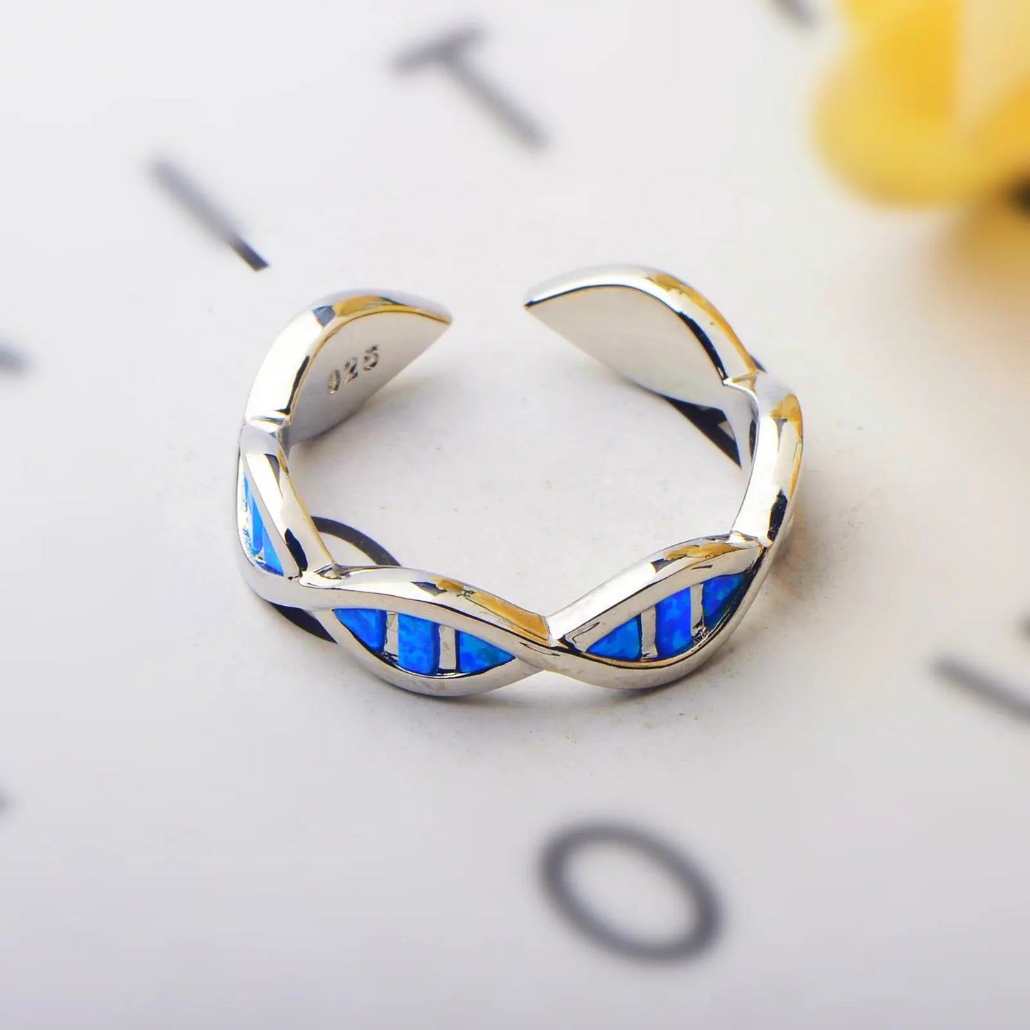 Science Style DNA Double Helix Open Ring | Blue Opal Inlay Stainless Steel Adjustable Finger Ring for Women Men Fashion Jewelry