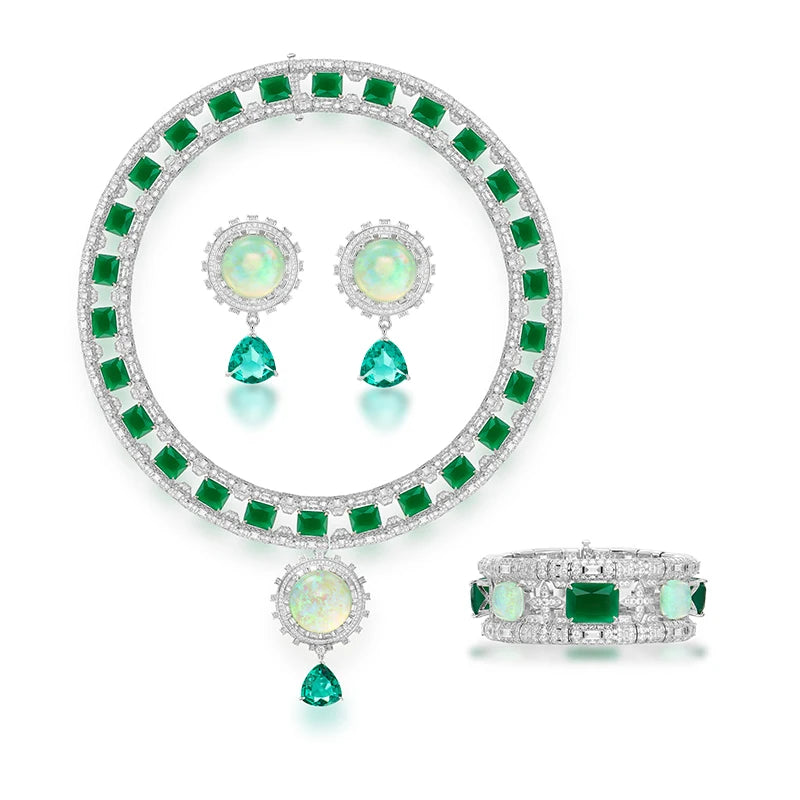 Exquisite and Gorgeous Bridal Wedding 3-Piece Set Unique Opal Zircon Necklace Earrings Bracelet As Large Exhibition Accessories