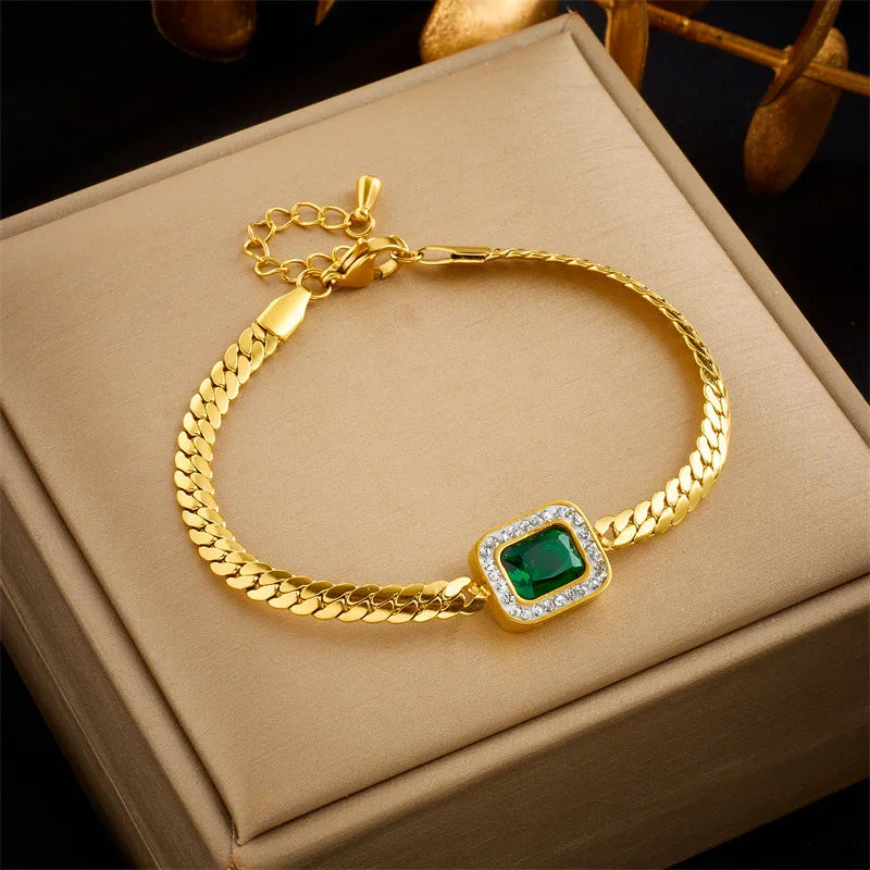 Gold Green Crystal Geometric Necklace, Earrings & Bracelet Jewellery Set | Bold Luxury Set