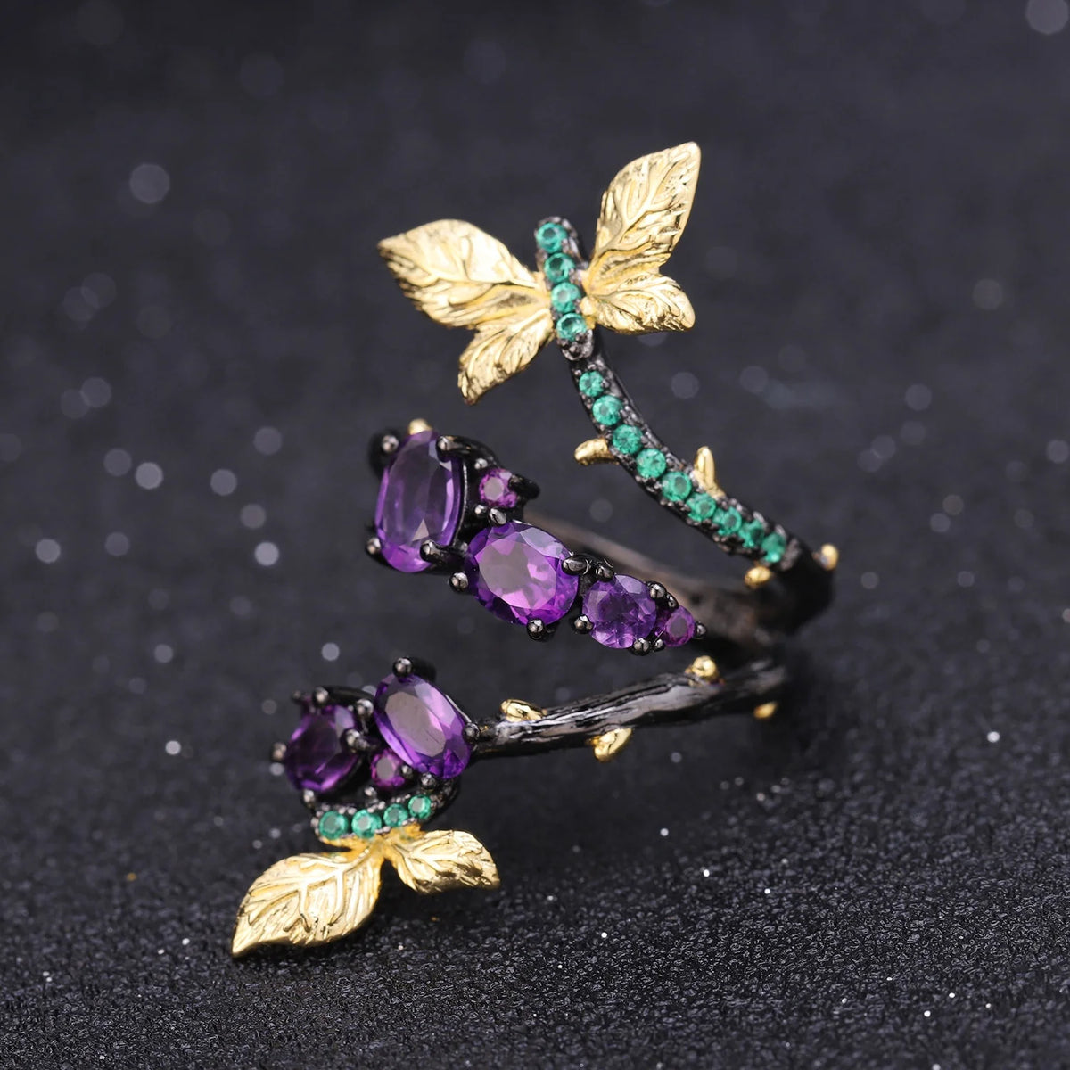 ArtistA C7749 Handmade 925 Sterling Silver Jewelrt Set Purple Amethyst Gemstone Butterfly Dangle Earrings Adjustable Ring