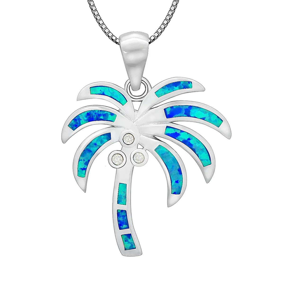 Aobao Christian Copper Opal Plant Palm Tree Collar Lariat Necklace Women's Hawaiian Style Silver Plated Blue Coconut Tree