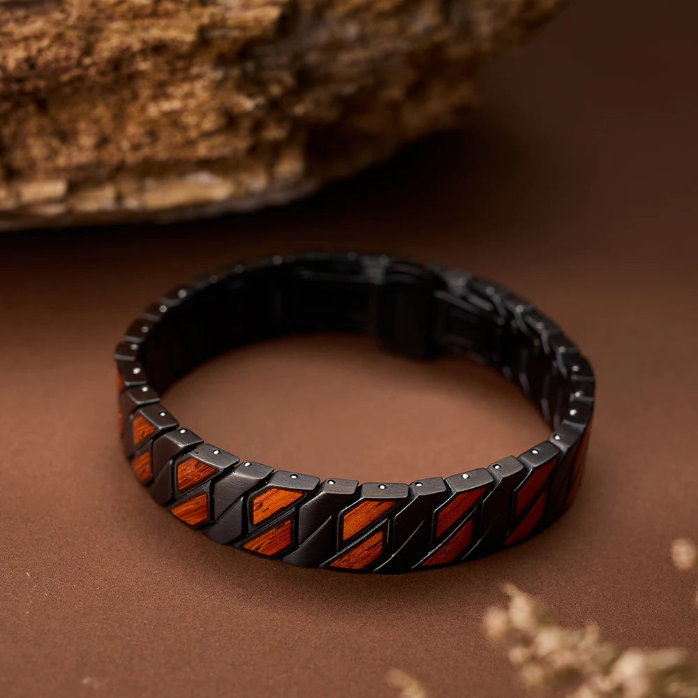REBEL China Factory Custom Logo Engraving Black Stainless Steel and Red Wood Bracelet for Men