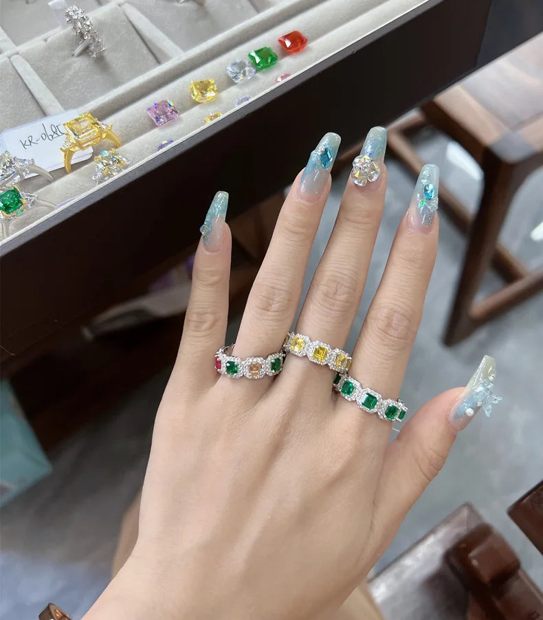 SILVERELLI Grandmother Emerald Square Diamond Ring | 925 Sterling Silver | Platinum Plated