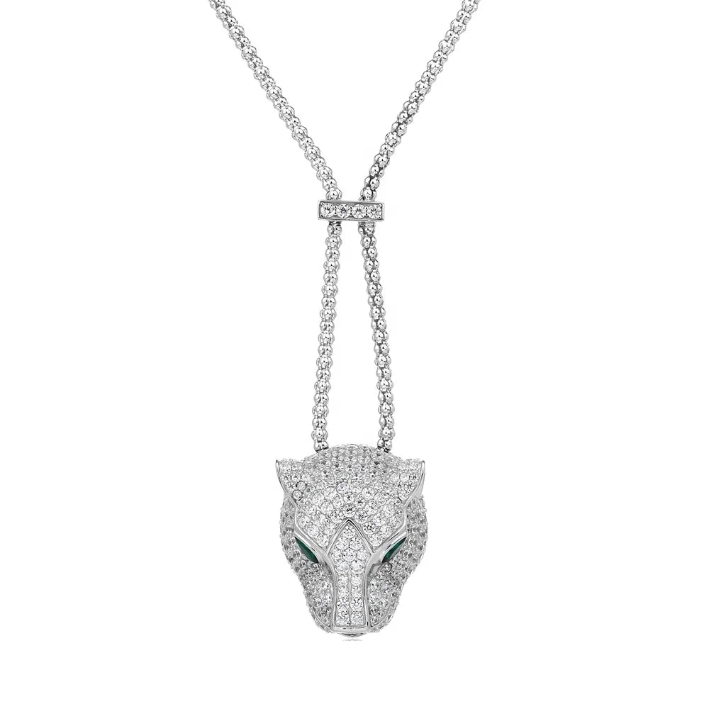 Silverelli | 925 Silver Leopard Head Pendant Necklace | Synthetic Emerald | Rhodium Plated