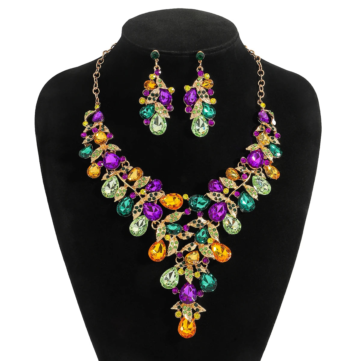 S&S Rhinestone Flower Necklace & Earring Set | Purple | Gold Plated